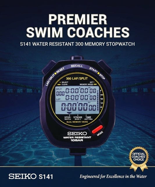 Seiko S141 stopwatch with pool background and text about water resistance and memory features.