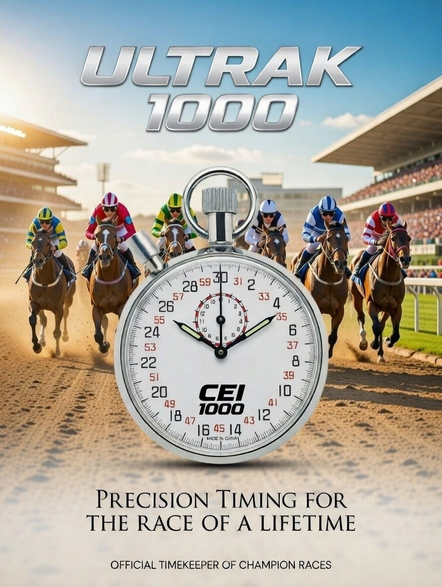 Promotional image of Ultrak 1000 timing device with horses on a racetrack.