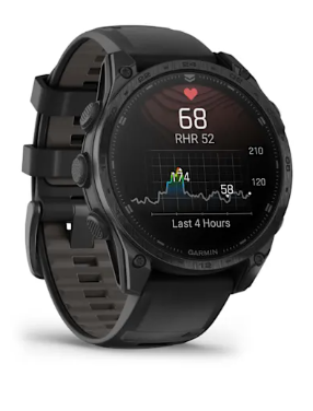 Black garmin tactix 8 47mm amoled smartwatch with a detailed display of heart rate view