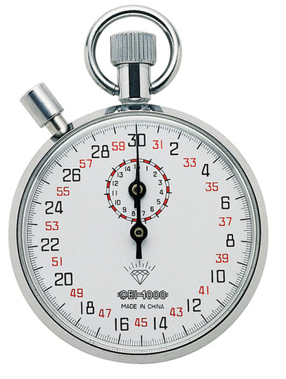 Mechanical stopwatch with a white face and silver casing on a white background