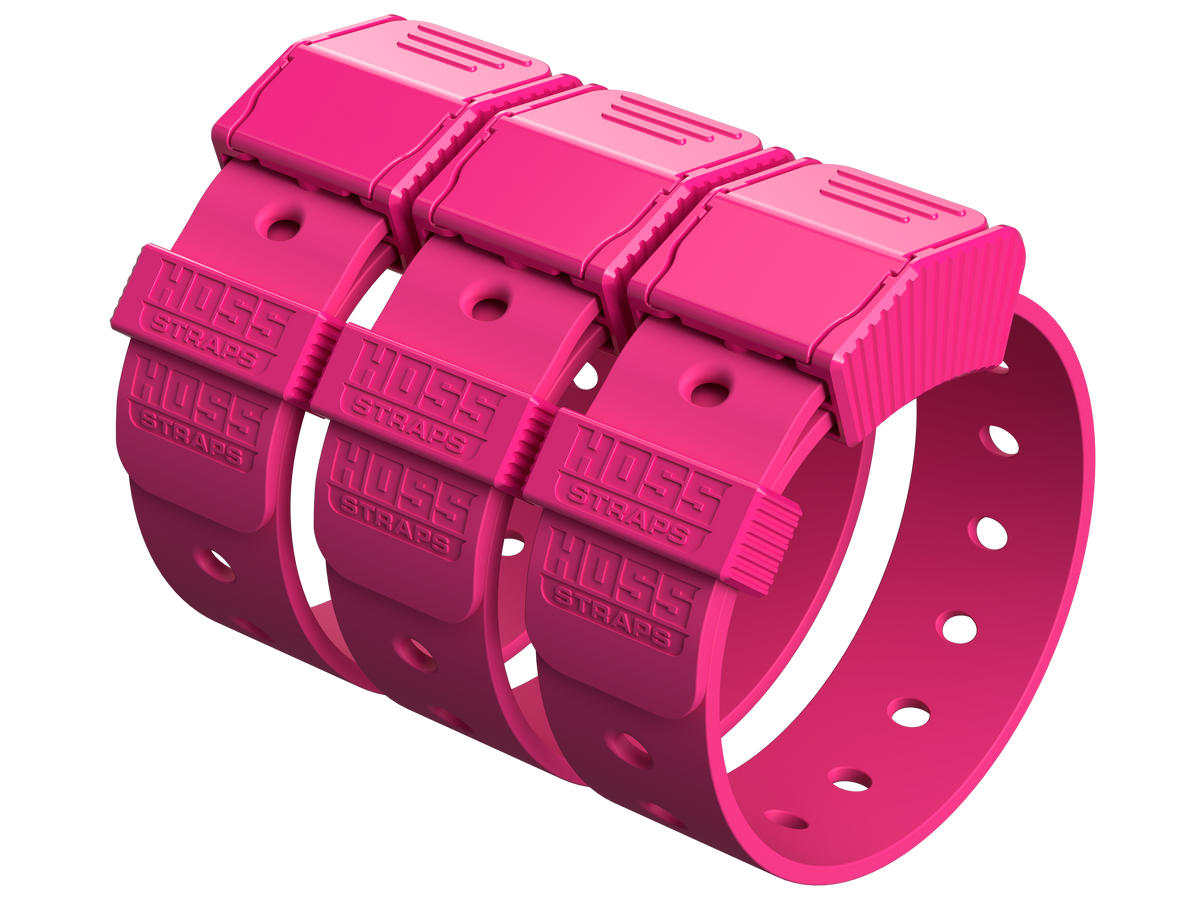 Pink plastic straps with visible branding on a white background