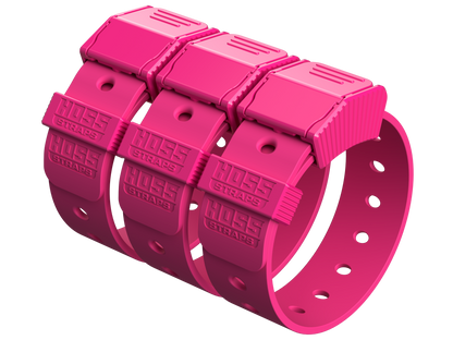 Pink plastic straps with visible branding on a white background