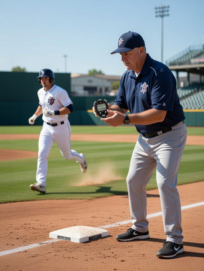 Baseball player with a coach on a field, coach holding stopwatch