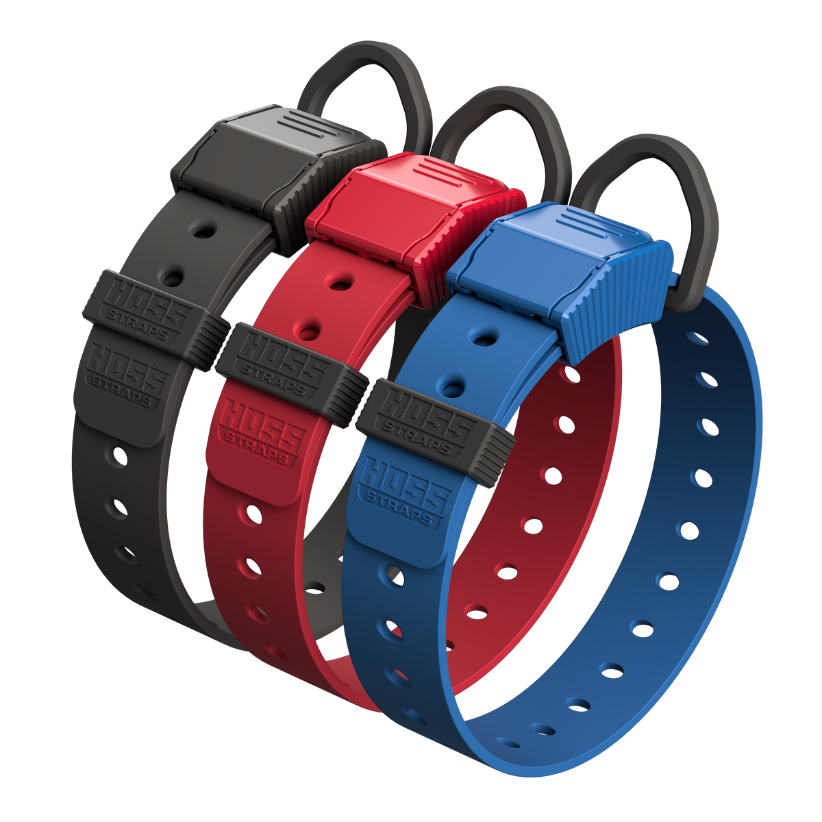 Three dog collars in black, red, and blue on a white background