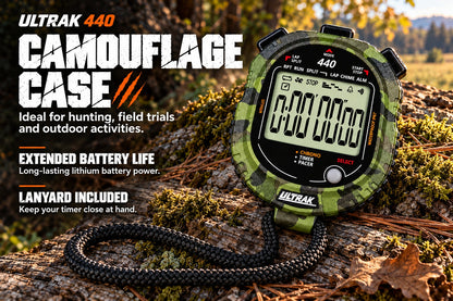 Ultrak 440 digital stopwatch with a green camouflage protective case, displayed on a mossy log outdoors with promotional text on the left.