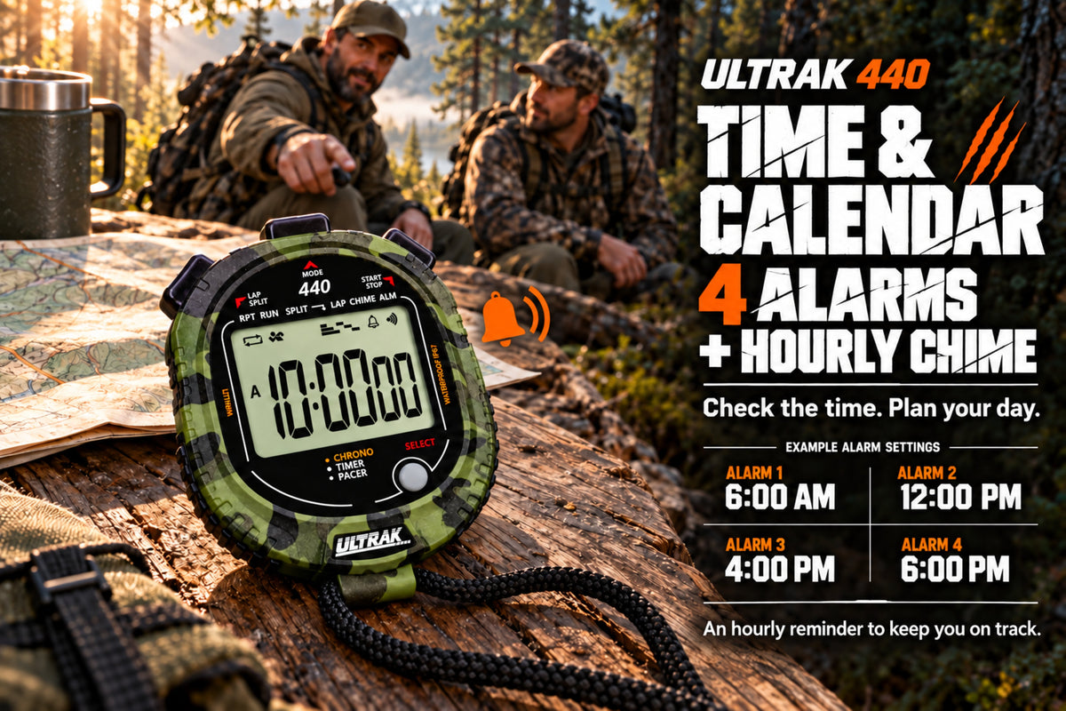 Ultrak 440 digital time and calendar alarm watch shown in a forest outdoor setting with two men in camouflage in the background. The watch has a green and black camouflage patterned protective case and a black strap, with the Ultrak brand logo visible on the watch face and strap buckle.