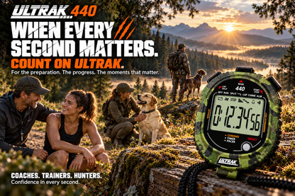 A close-up of a green camouflage ULTRAK 440 digital running watch in the foreground, with a scenic outdoor mountain landscape and people with dogs in the background. Large promotional text for ULTRAK 440 appears on the left side.