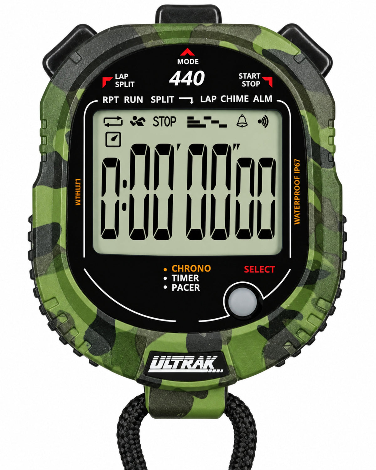 An ULTRAK chronograph watch with a green and black camouflage pattern, featuring a black face and a black wrist strap.