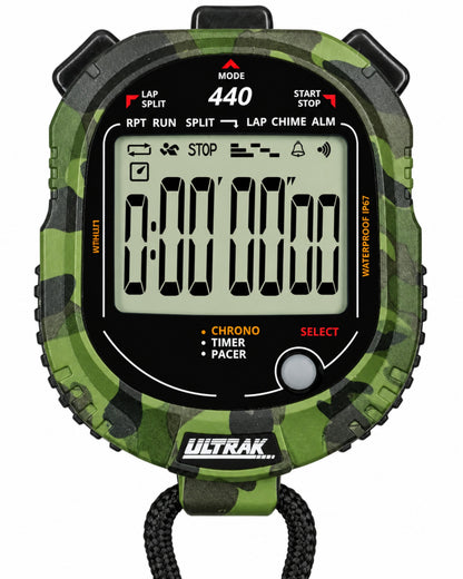 An ULTRAK chronograph watch with a green and black camouflage pattern, featuring a black face and a black wrist strap.