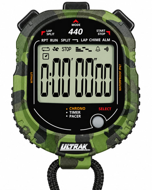An ULTRAK chronograph watch with a green and black camouflage pattern, featuring a black face and a black wrist strap.