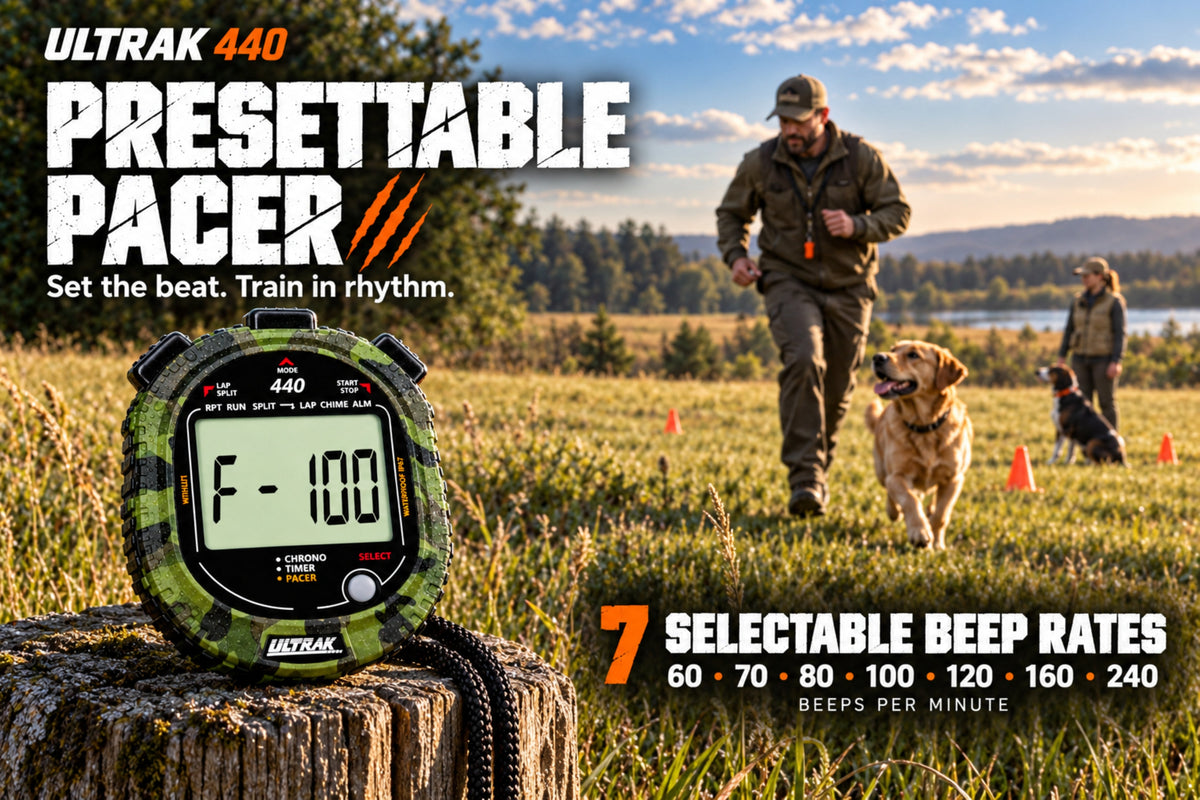 Ultrak 440 Presettable Pacer dog speed monitor shown in a grassy outdoor setting with a man running and a dog nearby, with product text overlays highlighting presettable pacing and selectable beep rates.