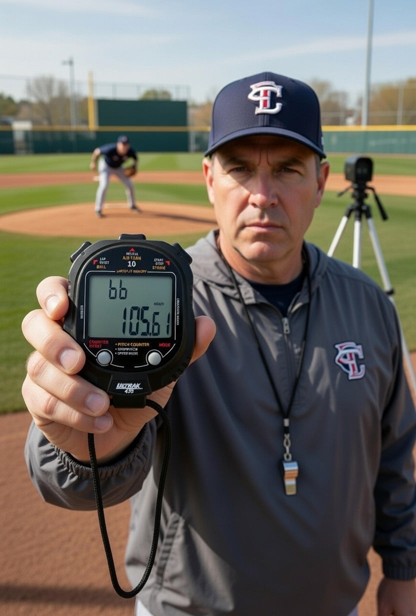 Coach holding a pitch clock on a baseball field  