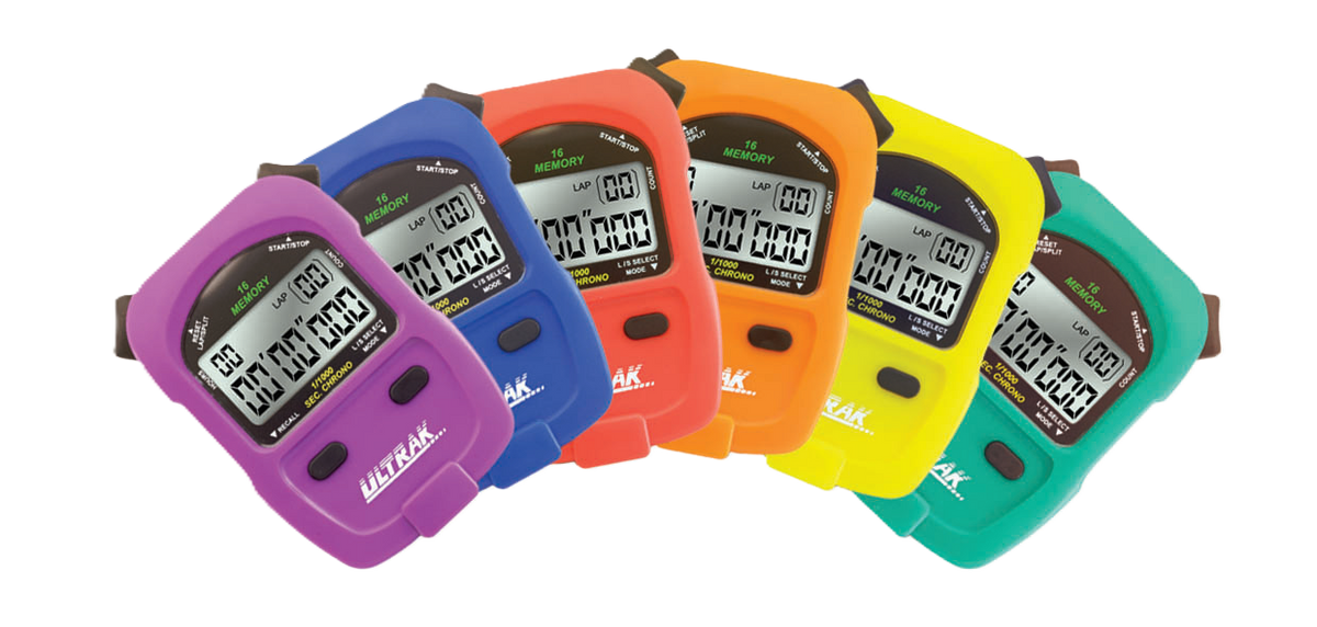 Five digital lap timers in purple, blue, orange, yellow, and teal, arranged in a fan shape on a white background.