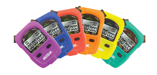 Five digital lap timers in purple, blue, orange, yellow, and teal, arranged in a fan shape on a white background.