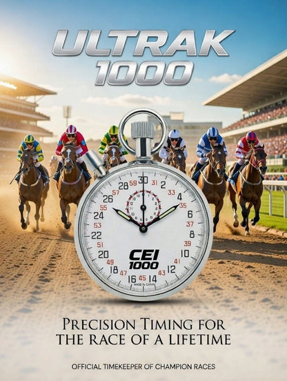 Promotional image of Ultrak 1000 timing device with horses on a racetrack.