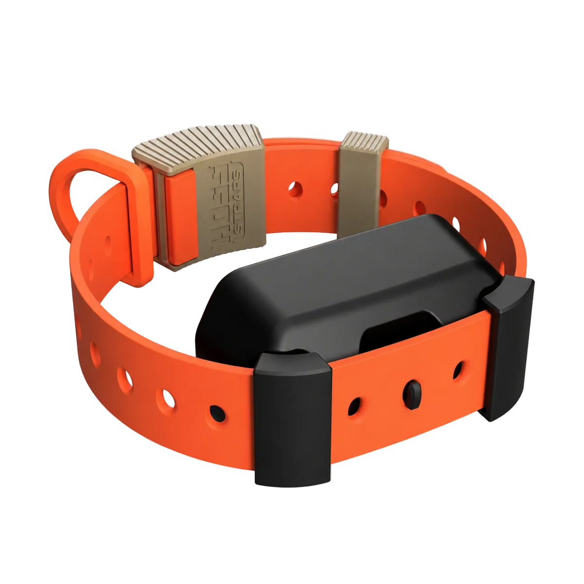 An orange silicone dog collar with a black electronic transmitter and tan metal buckle, shown on a plain white background.