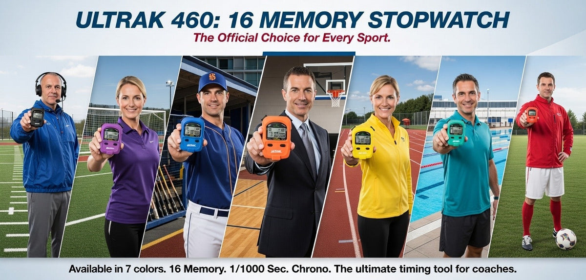 Promotional image of Ultrak 460 memory stopwatch with various people holding it in different settings.