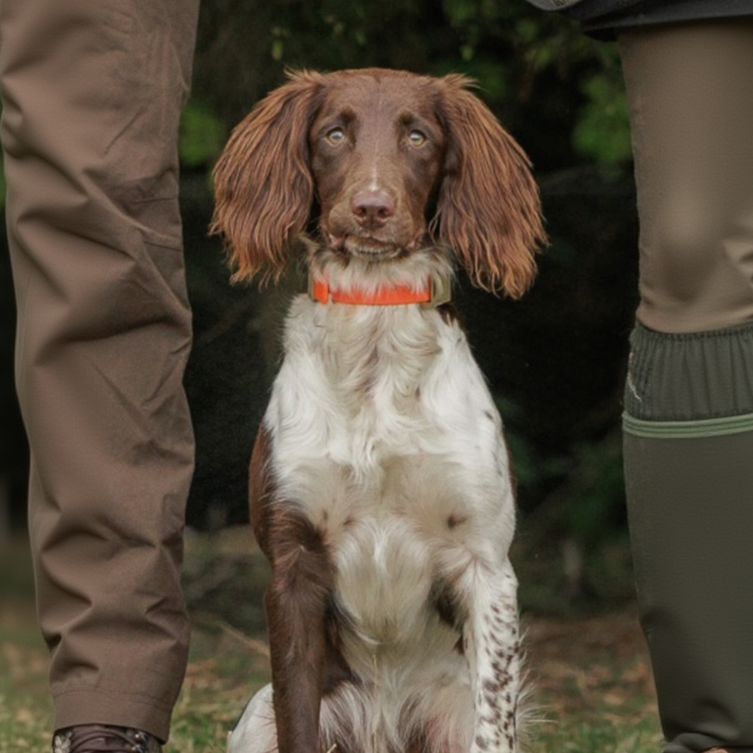 A brown and white spaniel-type dog wearing an orange collar sits outdoors between two people wearing khaki pants and waders.