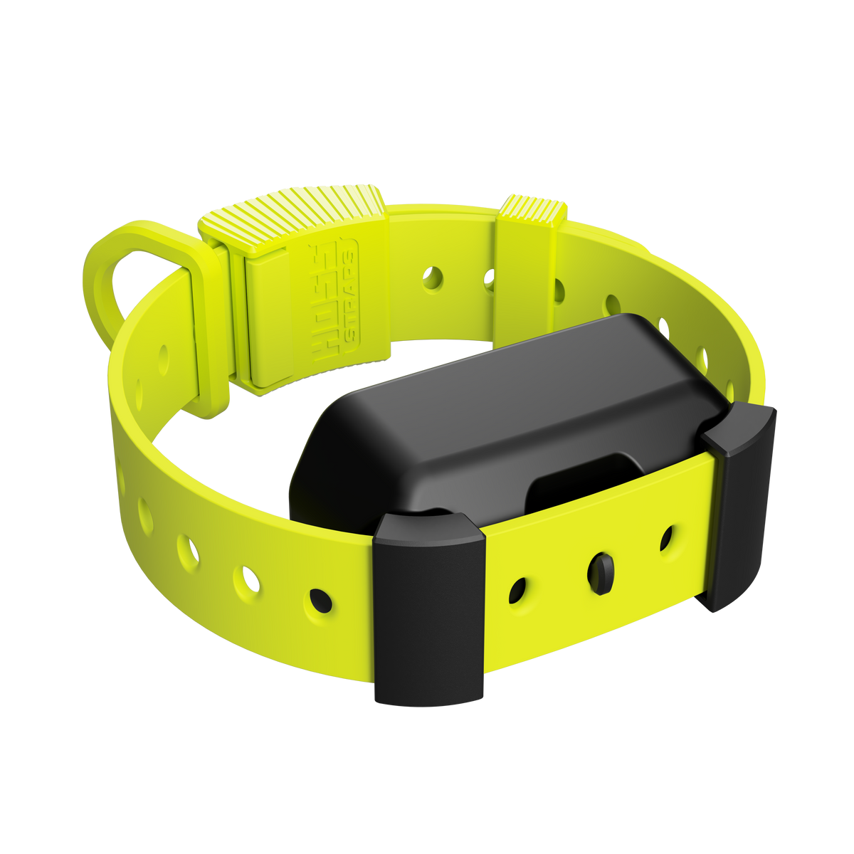 Yellow dog collar with a black electronic device on a white background