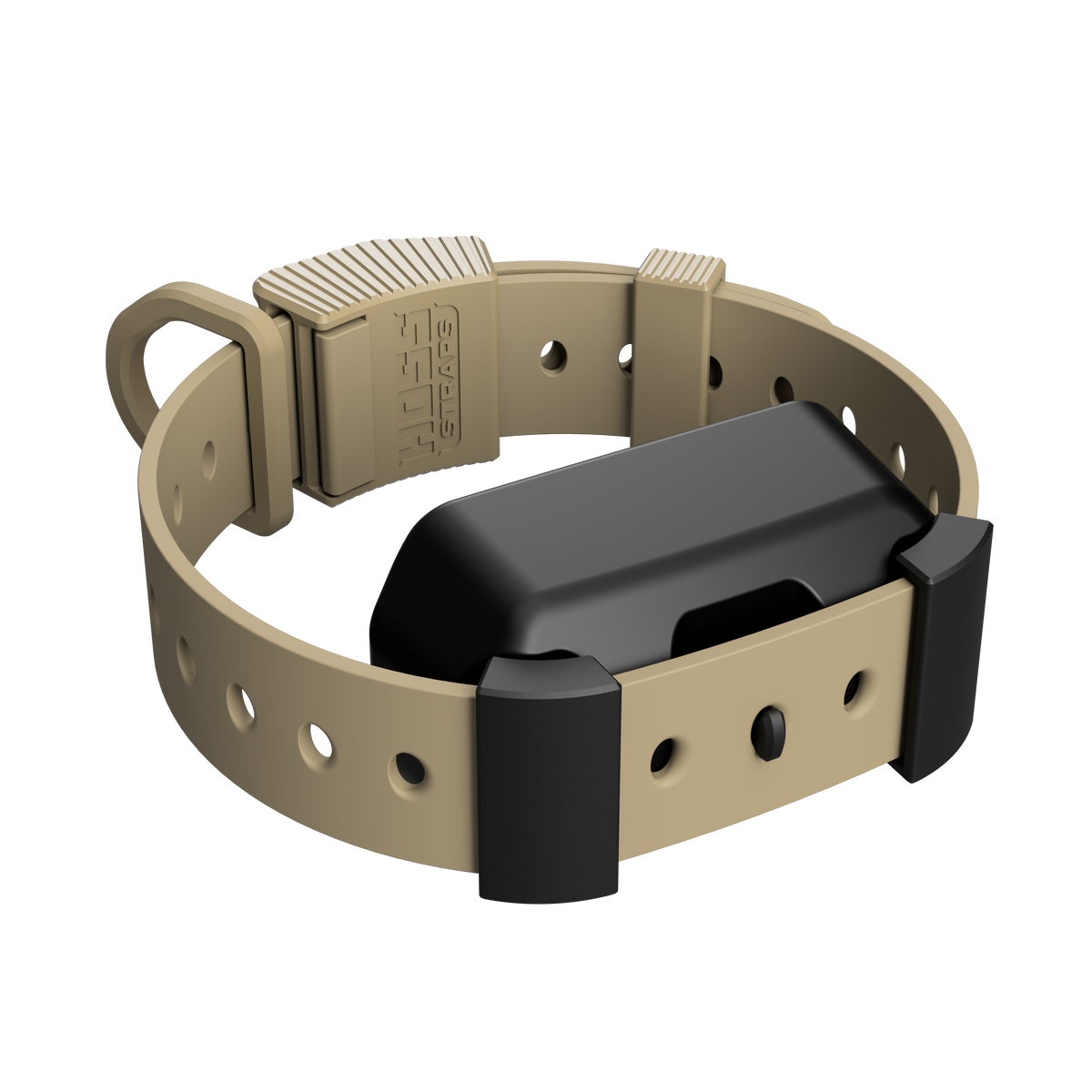 Beige dog collar with a black electronic device on a white background
