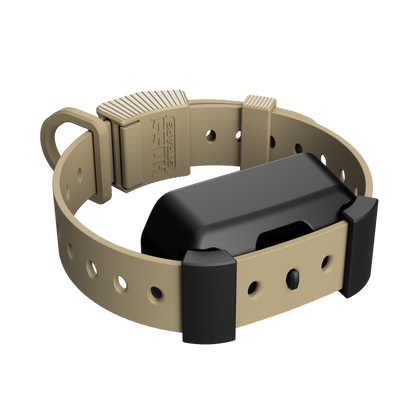 Beige dog collar with a black electronic device on a white background