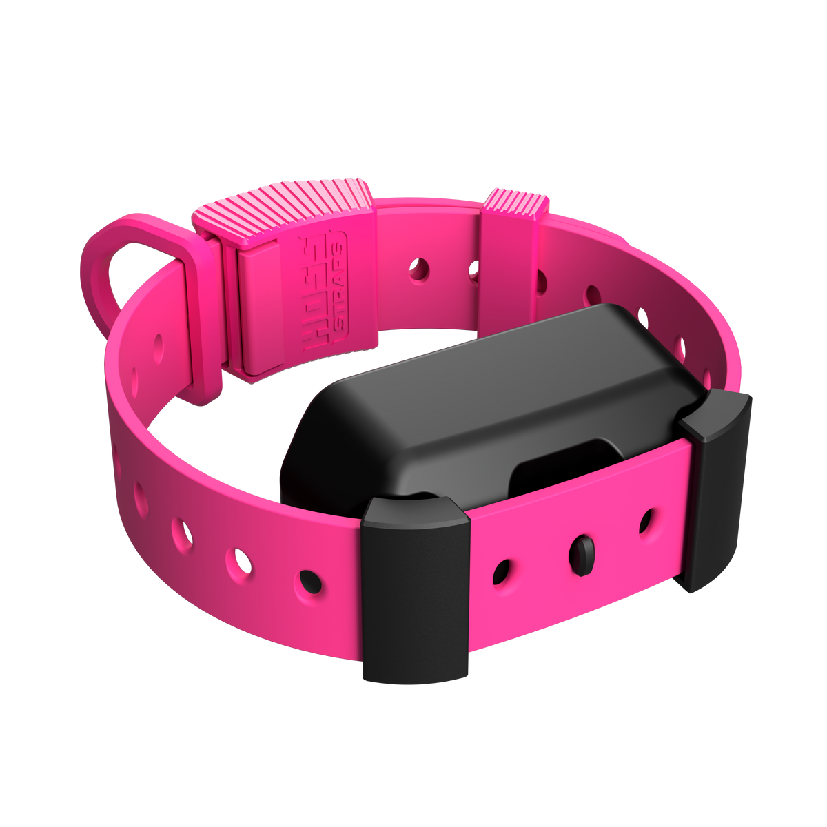 Pink dog collar with a black electronic device on a white background
