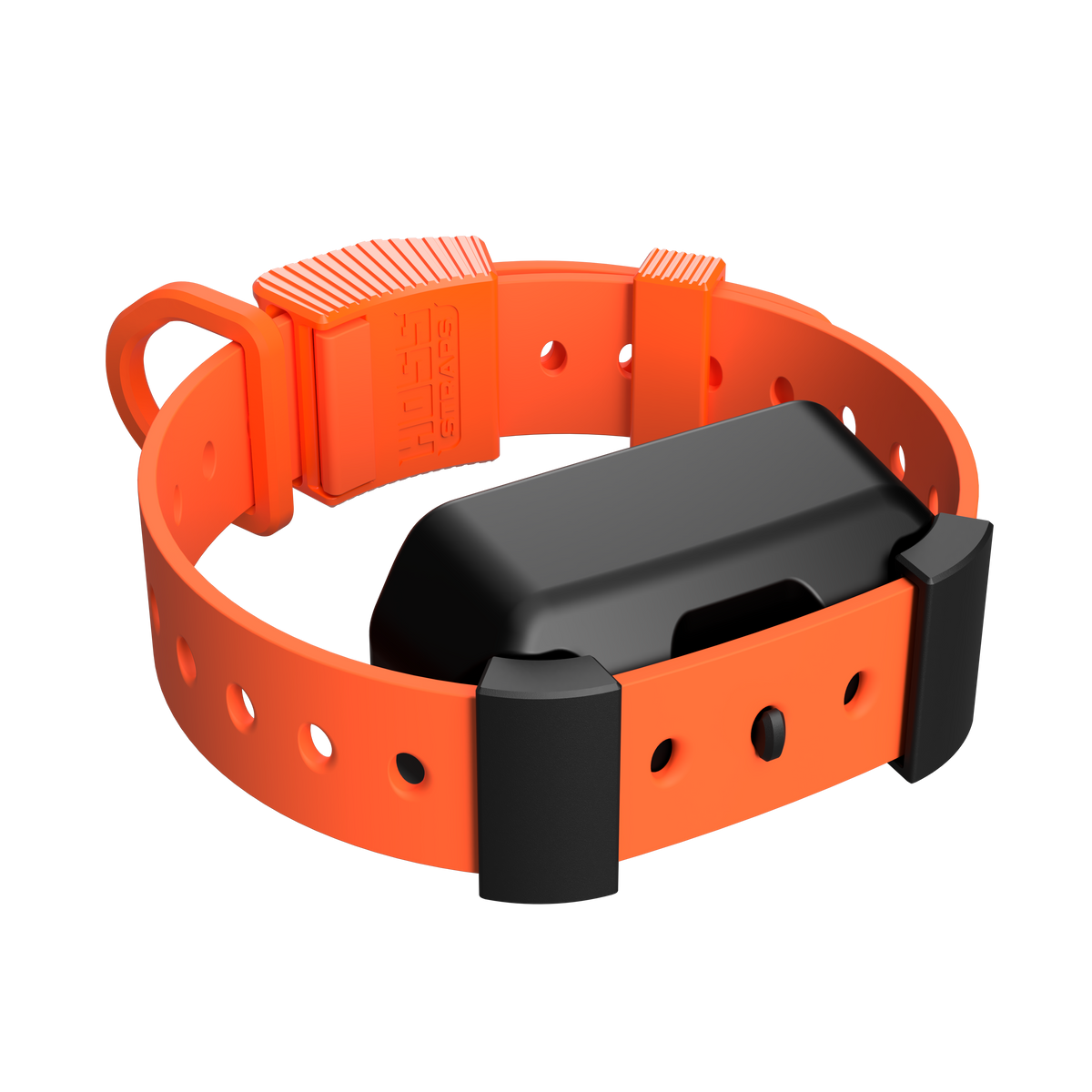 Orange dog collar with a black device on a white background