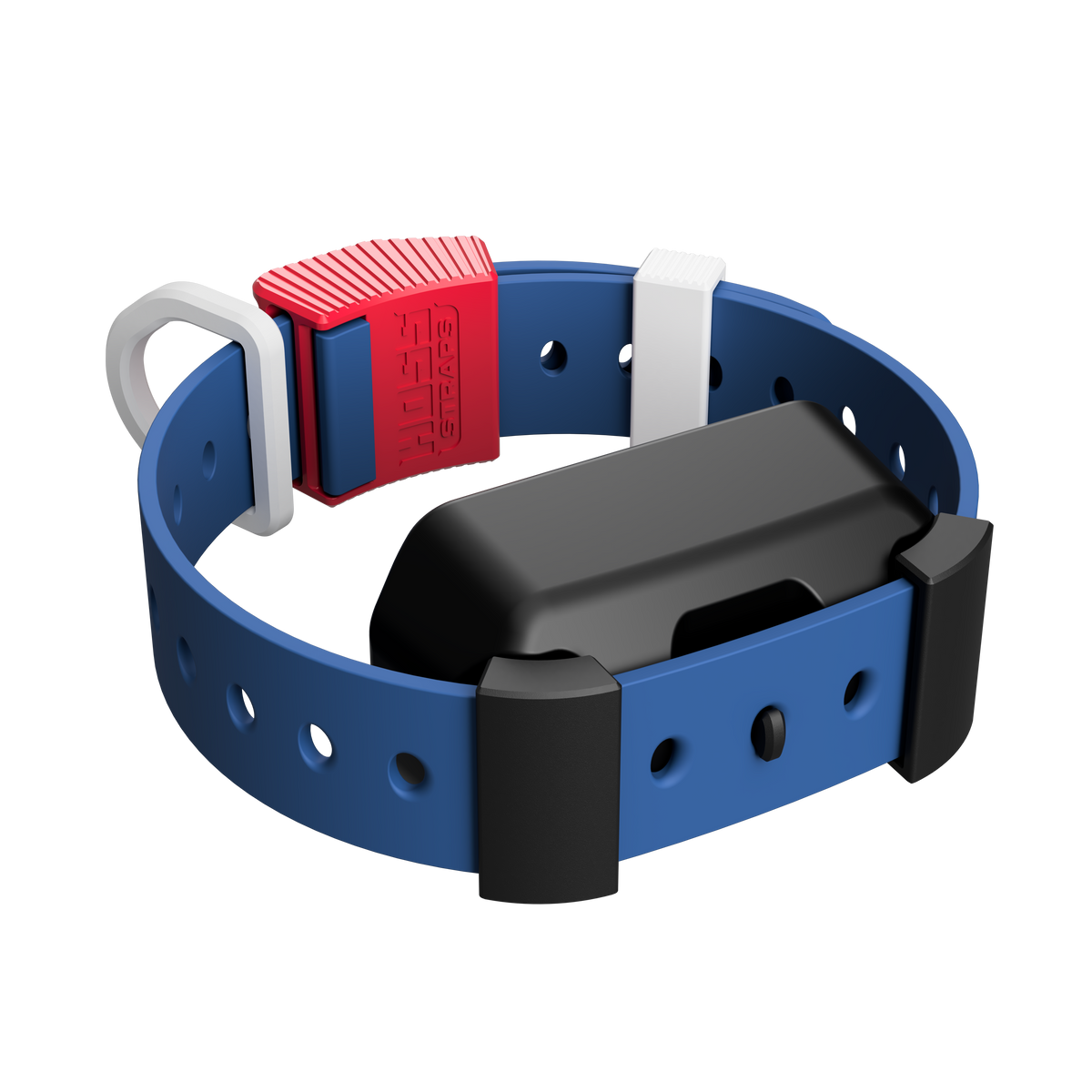 Blue dog collar with a red and gray device on a white background