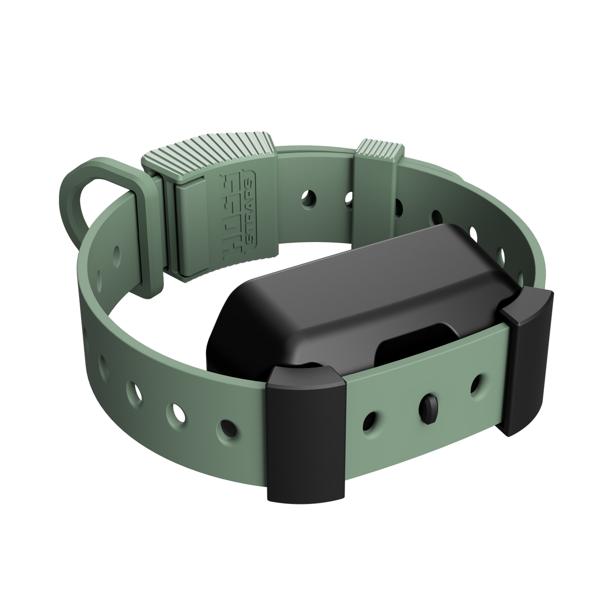 A rugged outdoor tracker collar in sage green and black, featuring a matte green silicone strap with circular cutouts, a black central electronic unit, and a matching green quick-release buckle.