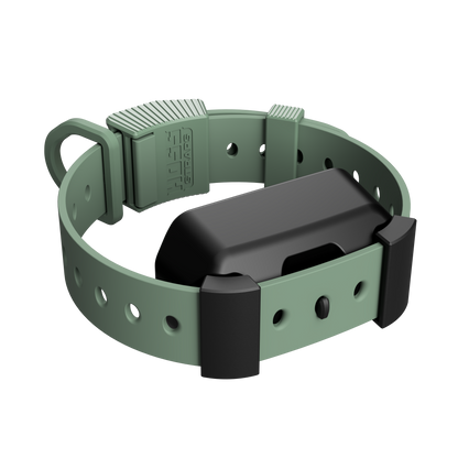 A rugged outdoor tracker collar in sage green and black, featuring a matte green silicone strap with circular cutouts, a black central electronic unit, and a matching green quick-release buckle.