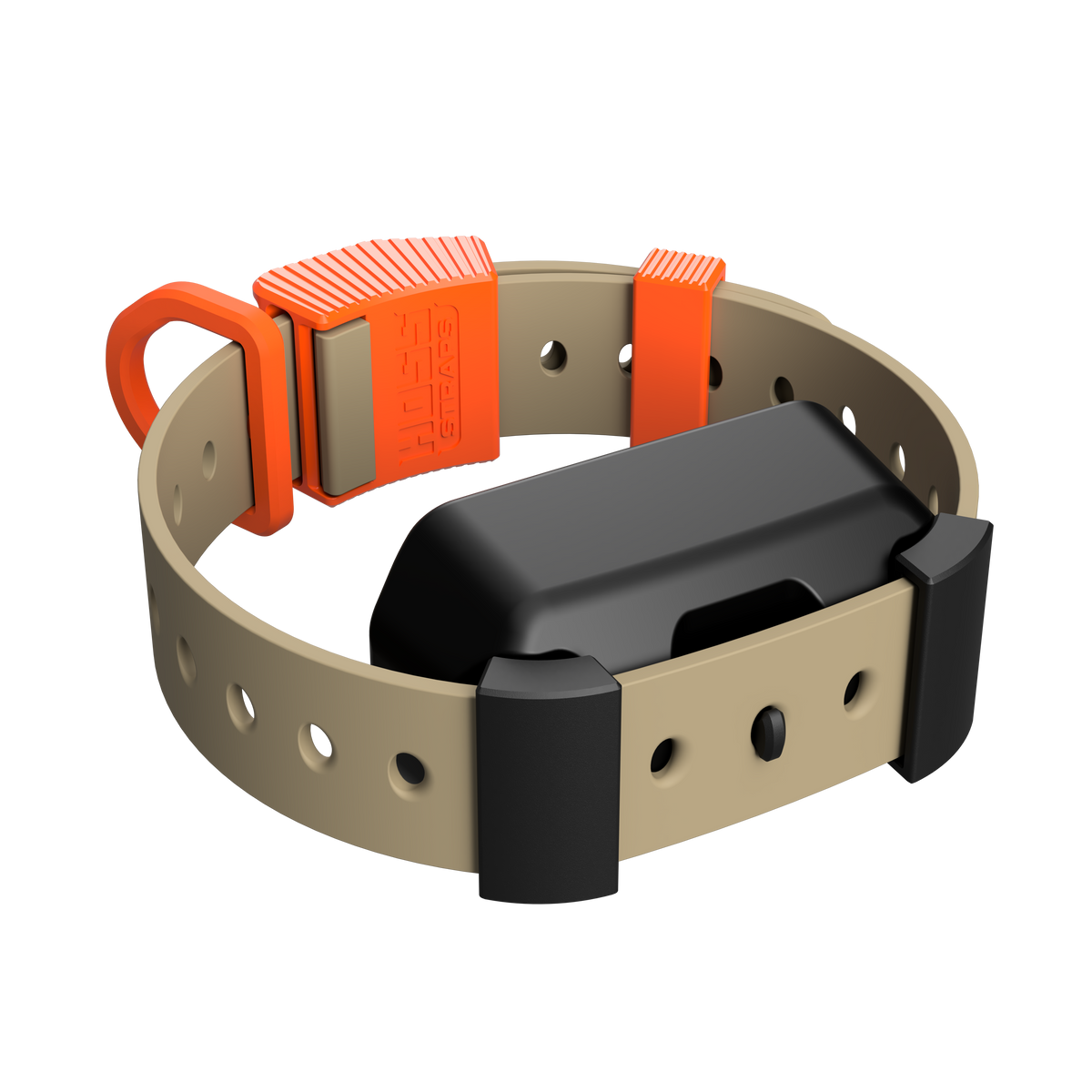 Dog collar with orange handle and black buckle on a transparent background