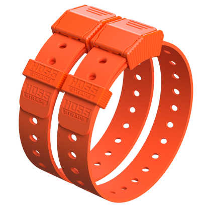 Three bright orange hose straps with screw-locking clamps, shown overlapping on a plain white background. The embossed text on the clamps reads HOSE STRAIGHT.