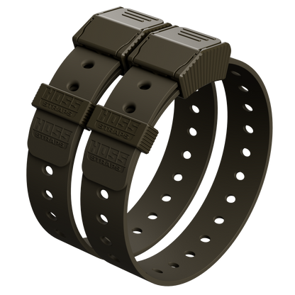 Two black straps with buckle mechanism on a white background