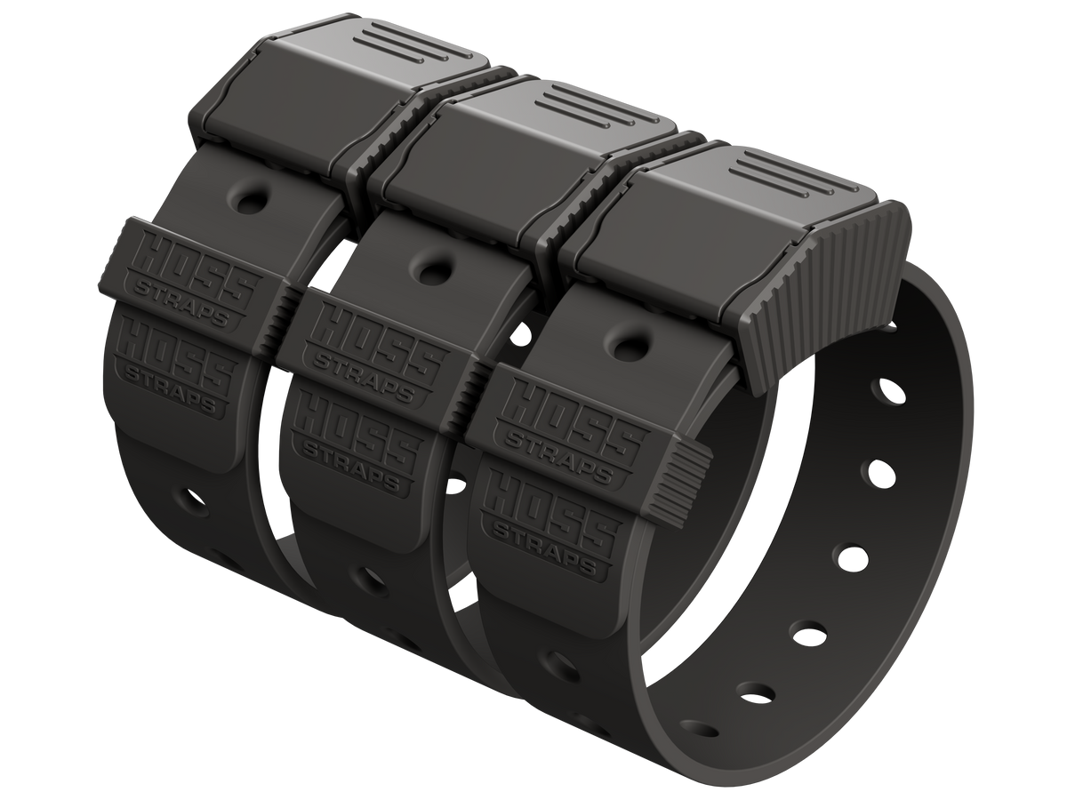Black plastic strap with multiple buckle closures on a white background