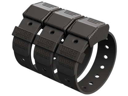 Black plastic strap with multiple buckle closures on a white background