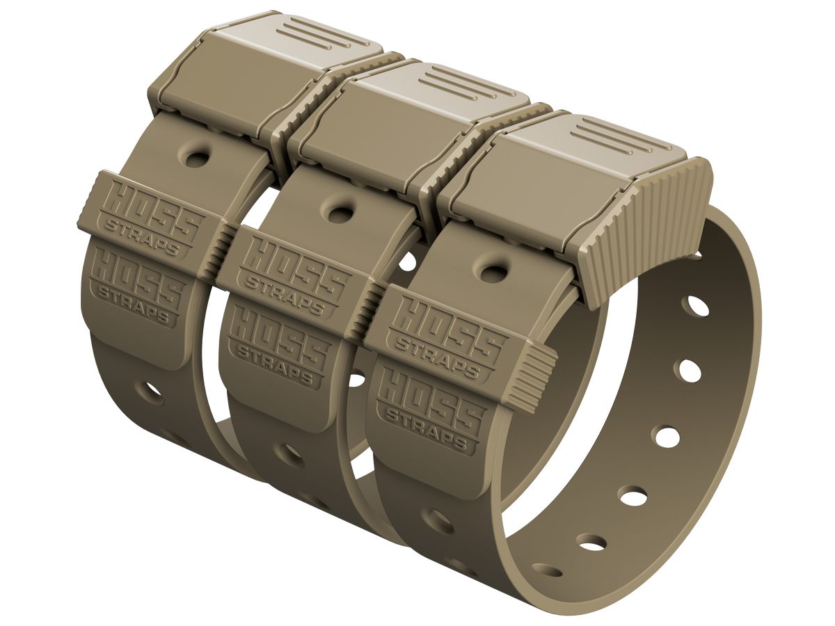 Brown strap with multiple clips labeled 'Hoss Straps' on a white background