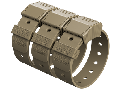 Brown strap with multiple clips labeled 'Hoss Straps' on a white background