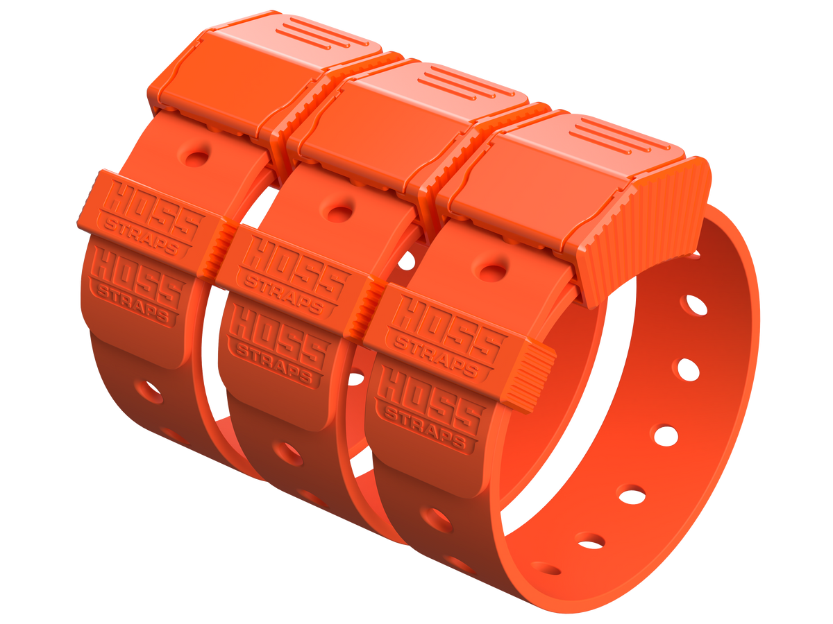 Three bright orange HOSS Straps arranged in a curved row on a solid white background.