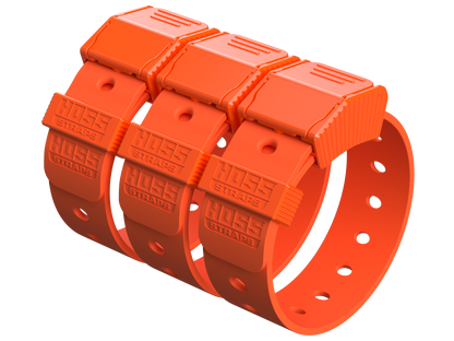 Three bright orange HOSS Straps arranged in a curved row on a solid white background.