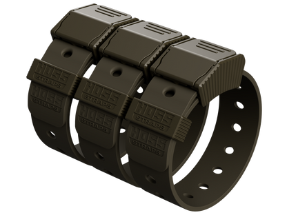 Black plastic strap with multiple clips on a white background