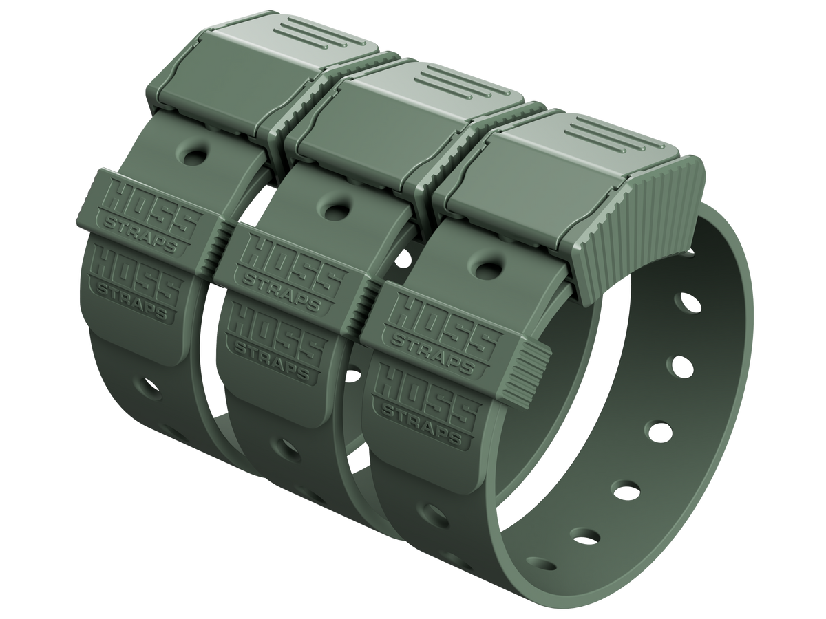 Green plastic straps with 'Hoss Straps' branding on a white background
