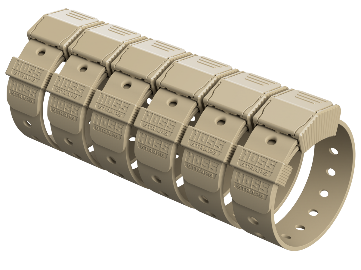 Tan plastic strap with multiple loops on a white background