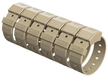 Tan plastic strap with multiple loops on a white background