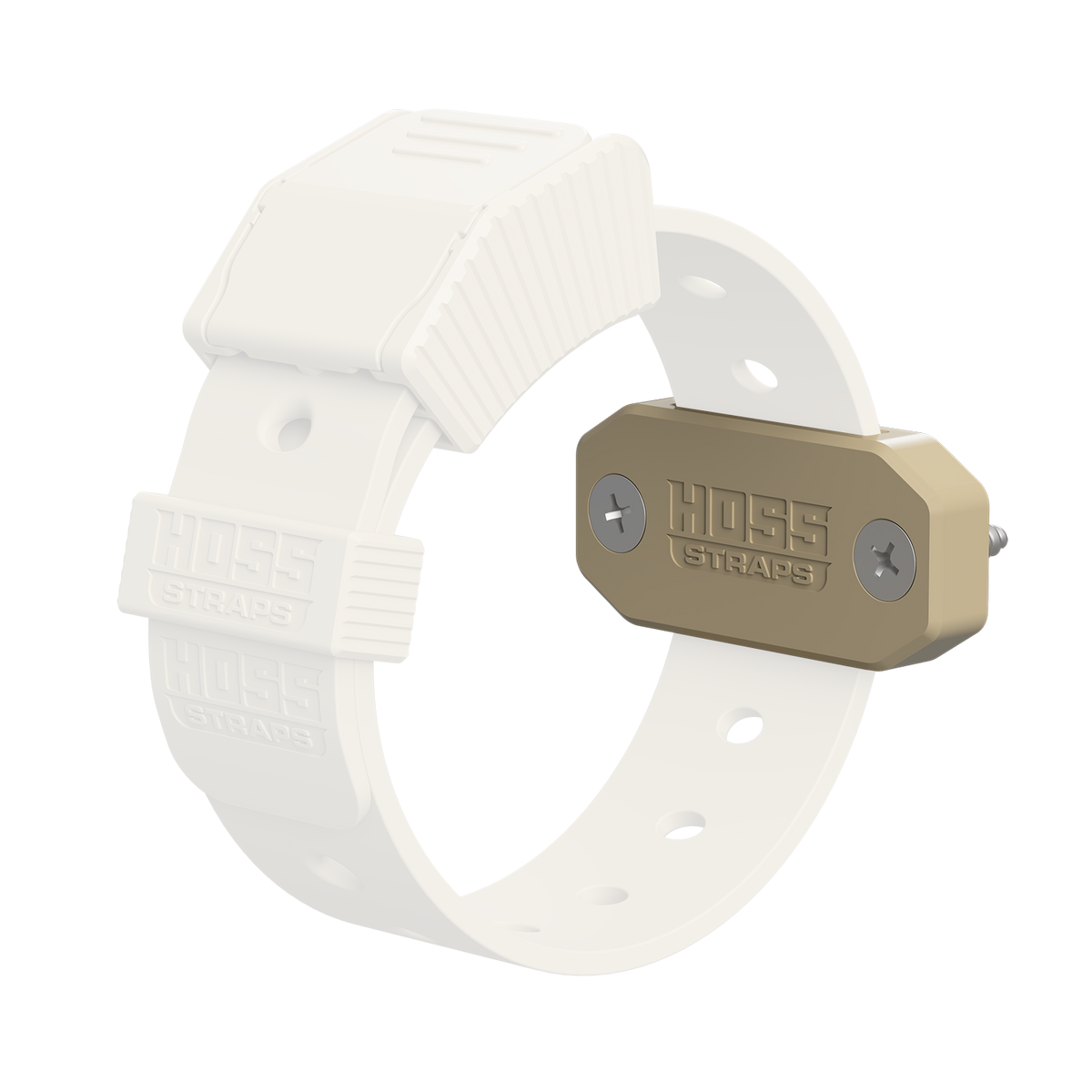 White strap with a beige metal buckle on a white background