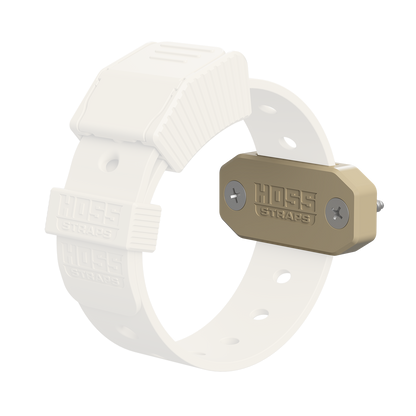 White strap with a beige metal buckle on a white background