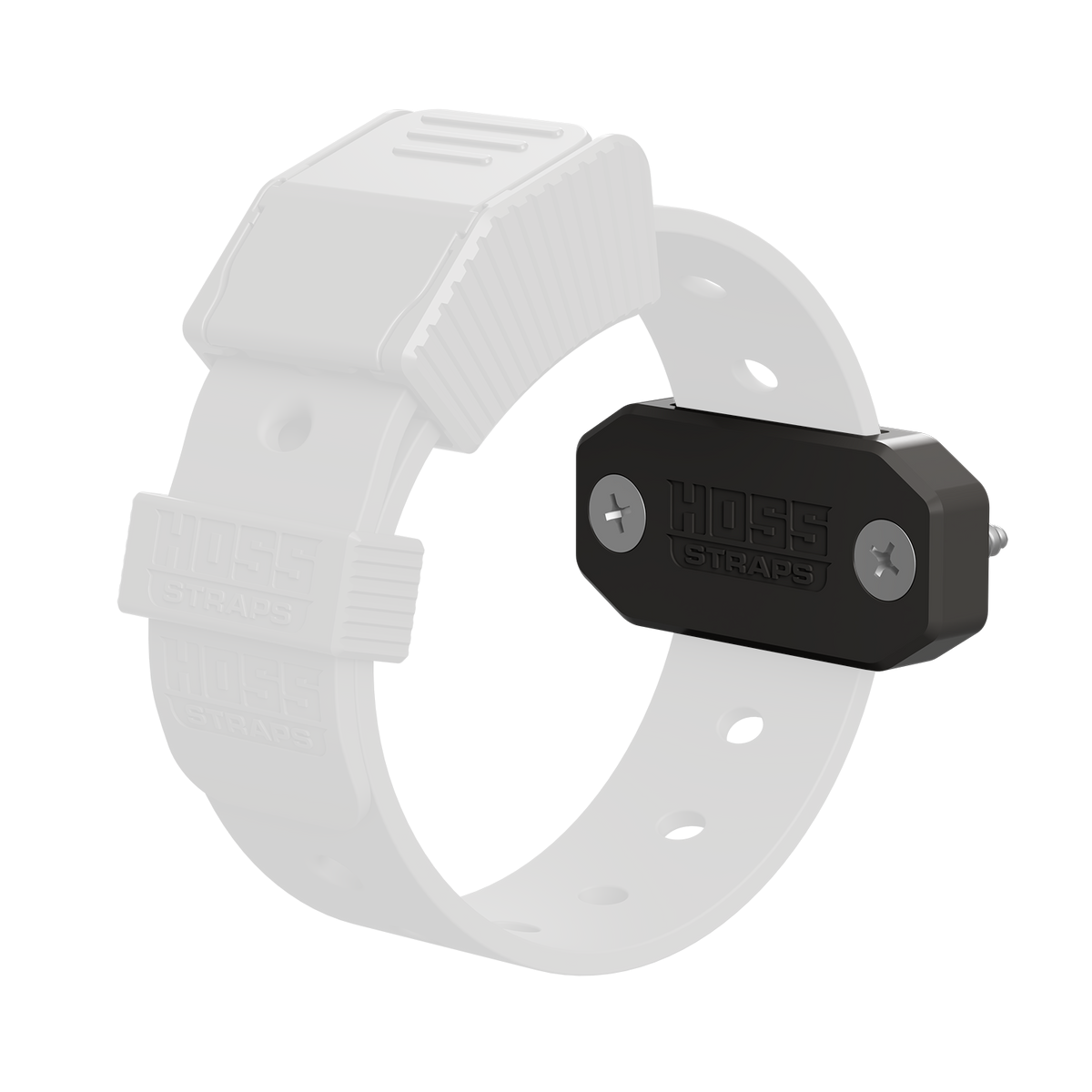 White strap with a black metal buckle on a white background
