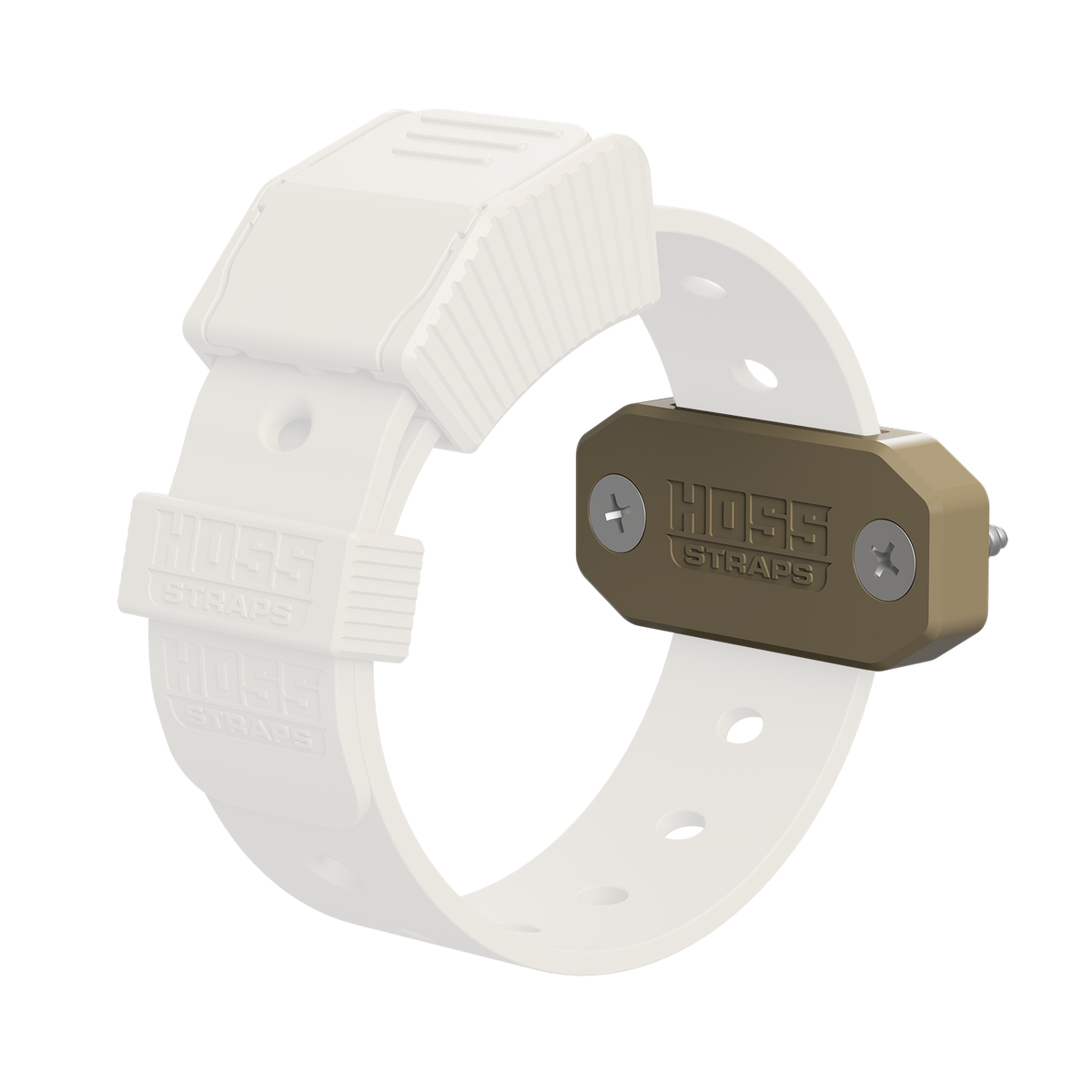 White plastic strap with a brown metal buckle on a white background