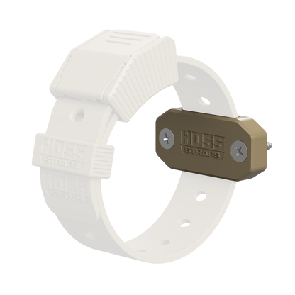 White plastic strap with a brown metal buckle on a white background