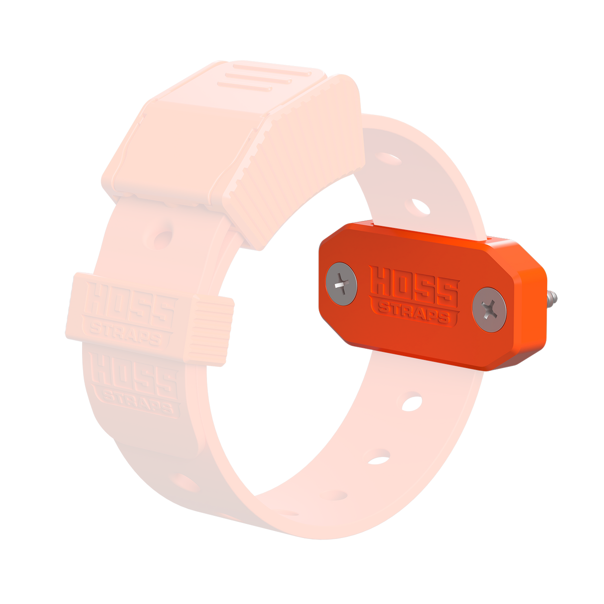 HOSS Straps orange quick-release buckle attached to a translucent pale pink silicone strap, shown on a plain white background.