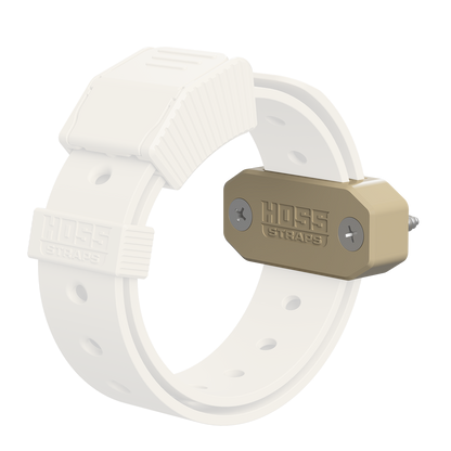 White strap with a gold metal clip on a white background